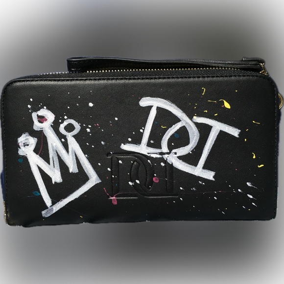 DESERI Black Leather and Gold Handware Paris Wristlet Clutch Paris Hand Painted - Picture 1 of 16